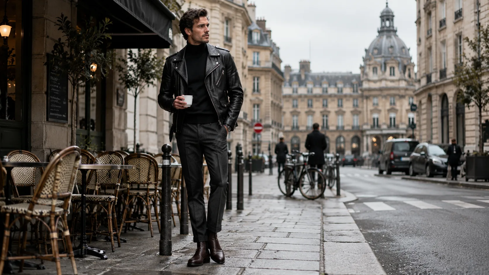 A professional man in his 30s standing at an outdoor café, wearing a black biker jacket.